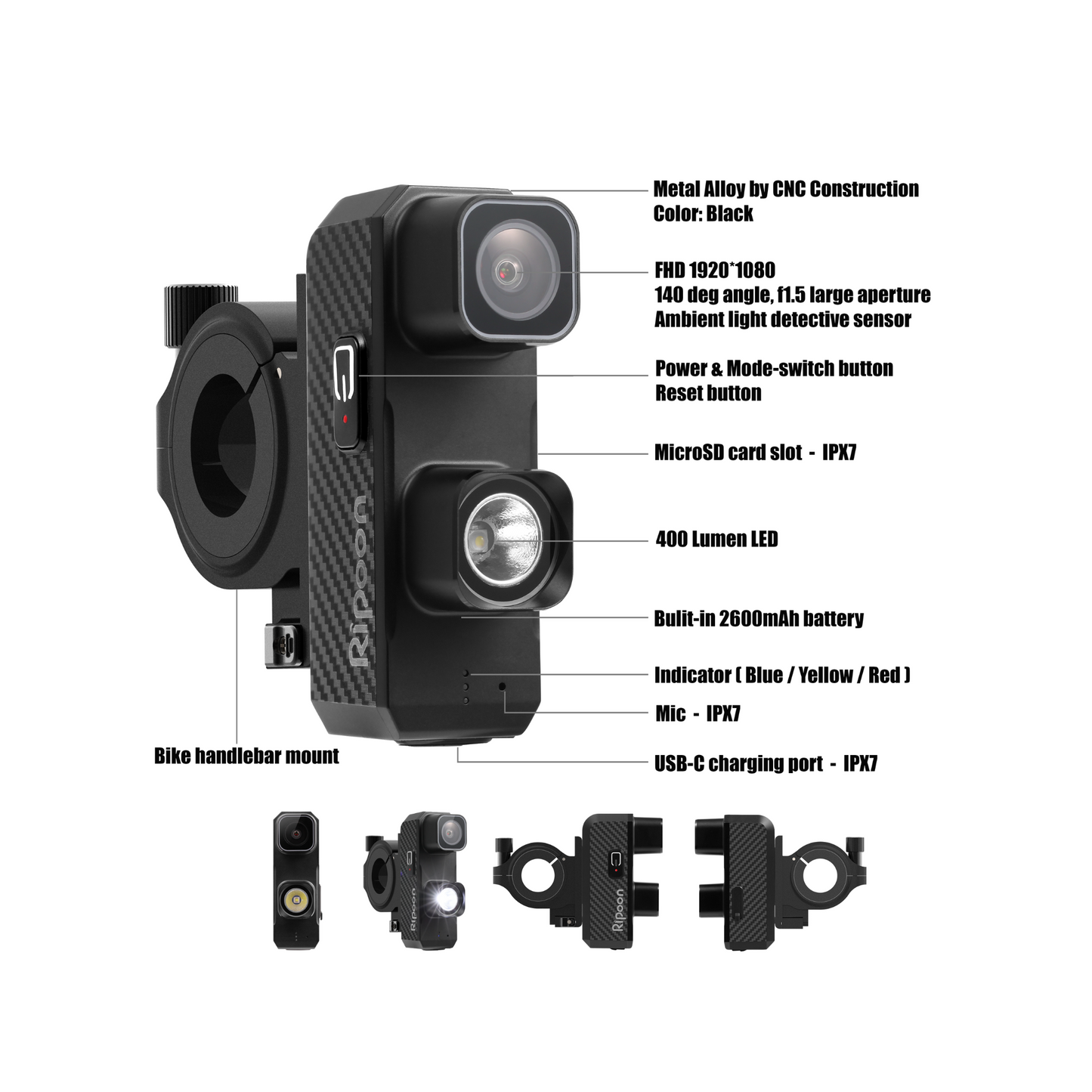 RIPOON Q101 Front Light Bicycle Dash Cam