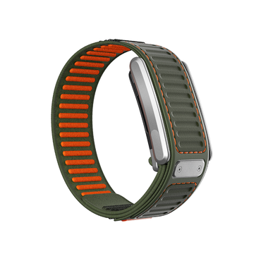 A rugged WHOOP Navigator OEM Replacement band in olive green with bright orange accents on the inner side and along the edge, shown on a white background - Bikers.SG