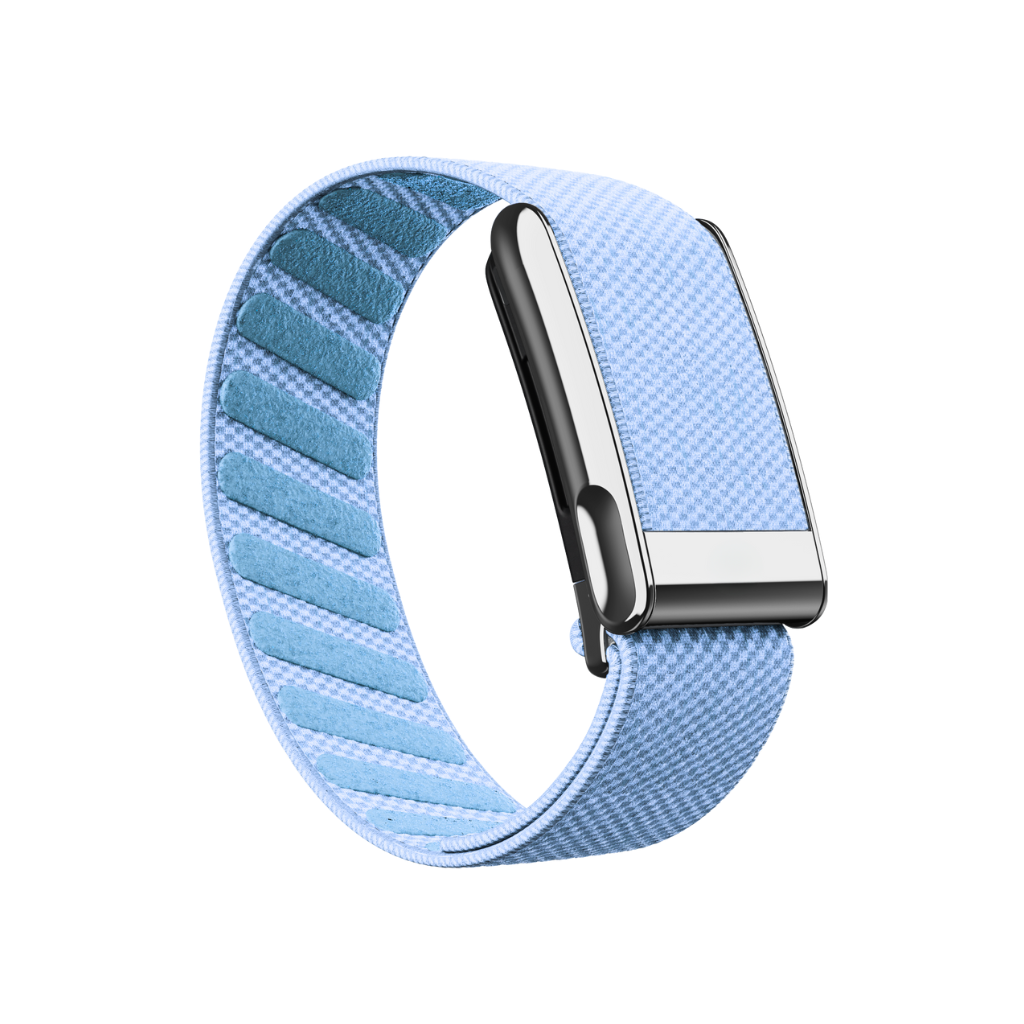 WHOOP 5.0 and MG OEM SuperKnit Luxe replacement band in Light Blue – glossy stainless-steel ECG frame – Bikers.SG Singapore