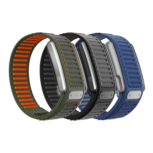 Three rugged WHOOP Navigator OEM replacement bands shown on a white background, one in olive green with orange stitching and one in dark gray with black stitching and one in blue - Bikers.SG