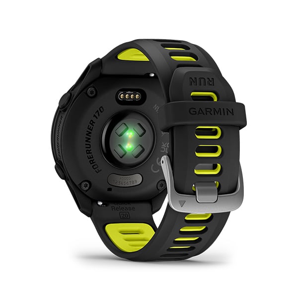 Garmin Forerunner 170 Music, Black with Amp Yellow band, rear view showing sensor and charging contacts