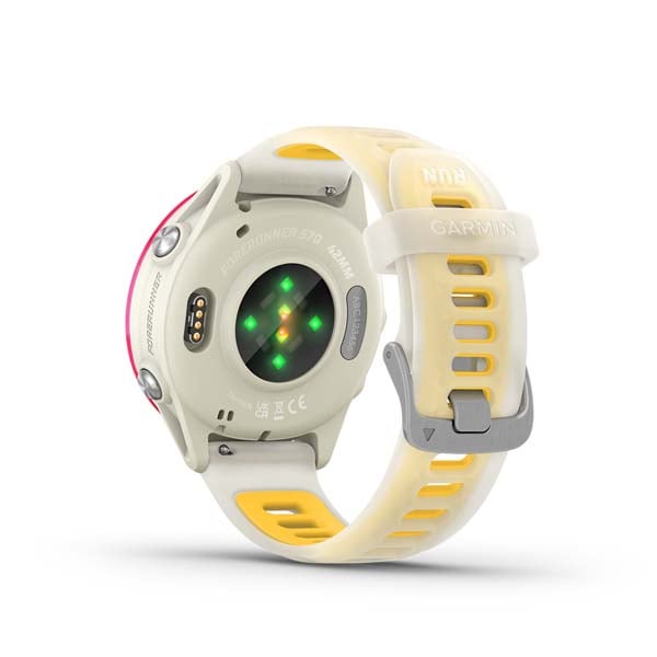 Garmin Forerunner 570 42 mm, Raspberry with Bone and Mango band, rear view showing sensor and charging contacts