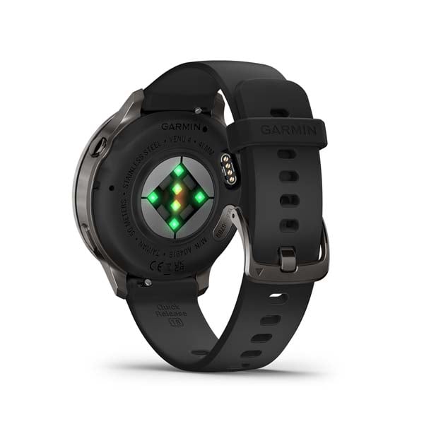 Garmin Venu 4 41 mm, Slate with Black silicone band, rear view showing sensor and charging contacts