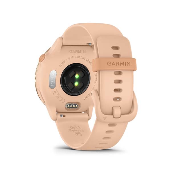 Garmin vívoactive 6, Metallic Pink Dawn with Pink Dawn band, rear view showing sensor and charging contacts