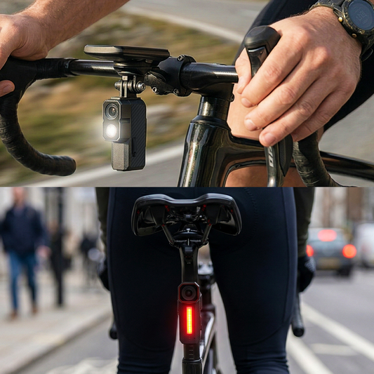 Two images - Ripoon Q101 PRO Bicycle front light camera mounted on handlebar outfront mount on top and Ripoon Q100 PRO Rear Camera light mounted on seat post in the bottom - Bikers.SG