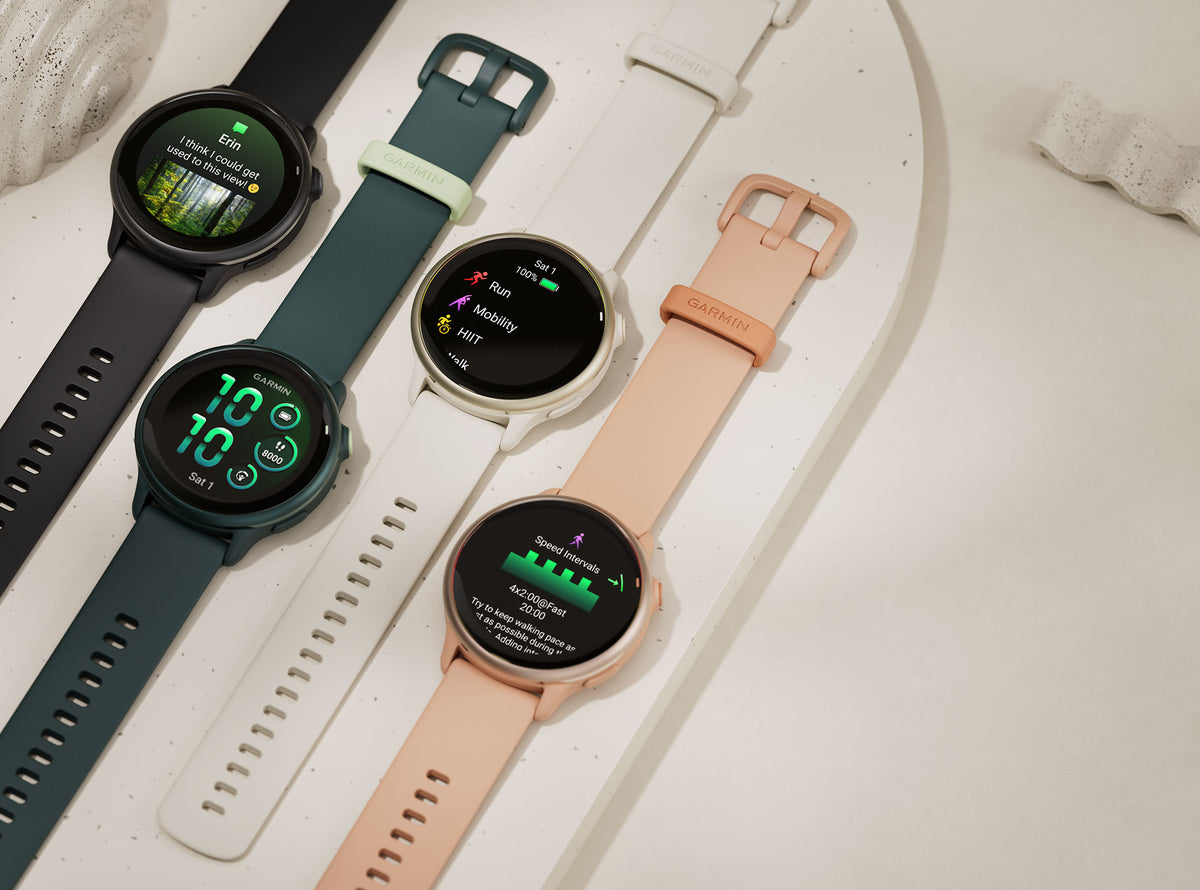 Garmin vívoactive 6 smartwatches in Black, Jasper Green, Bone and Pink Dawn