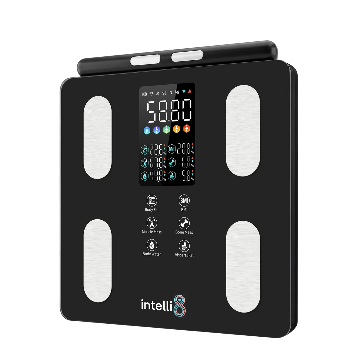 intelli8 Body Composition Scale with handheld electrode bar and built-in display