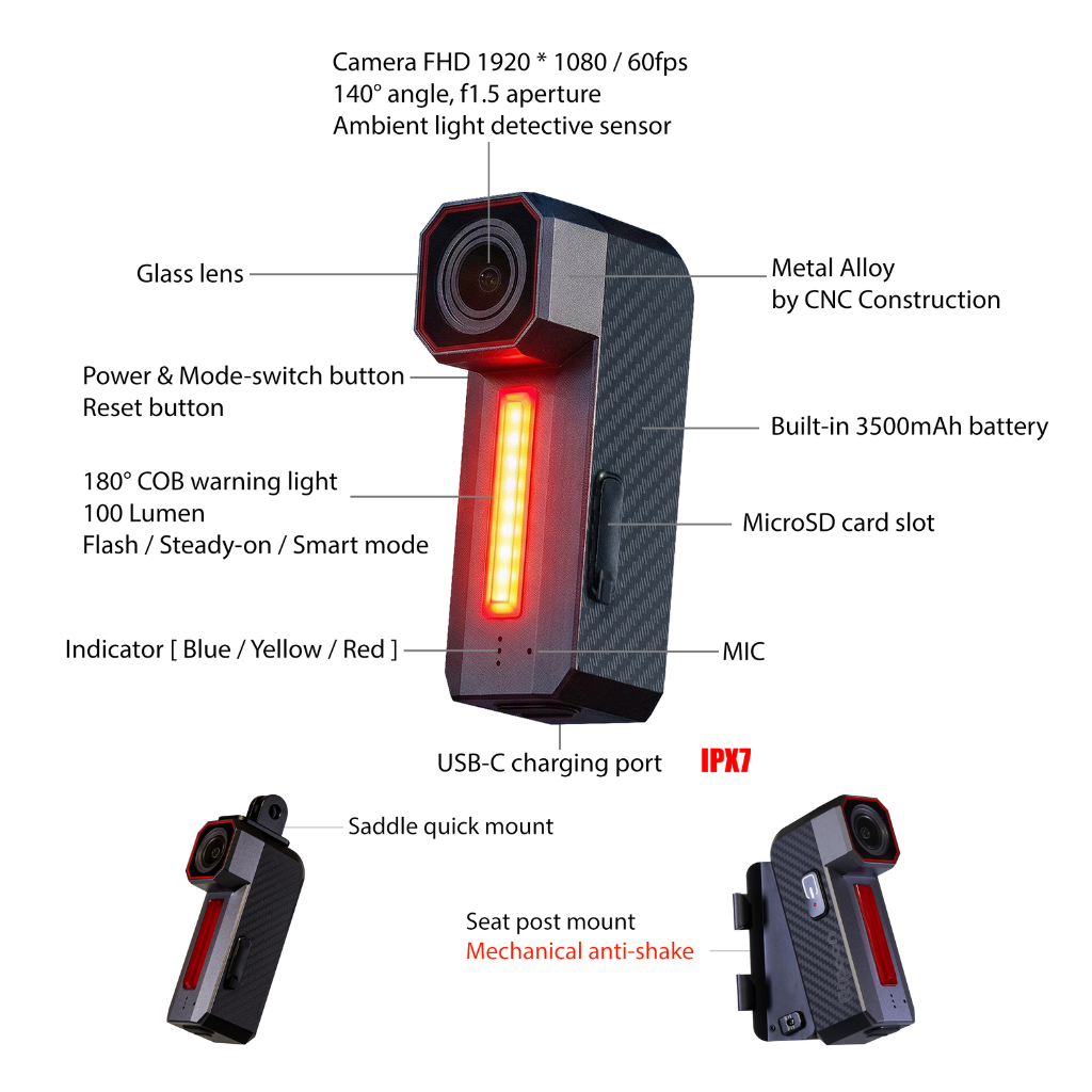 Ripoon Q100 PRO Rear Bike Camera Dashcam & Light | 1080p 60fps, 9H Battery | 100LM