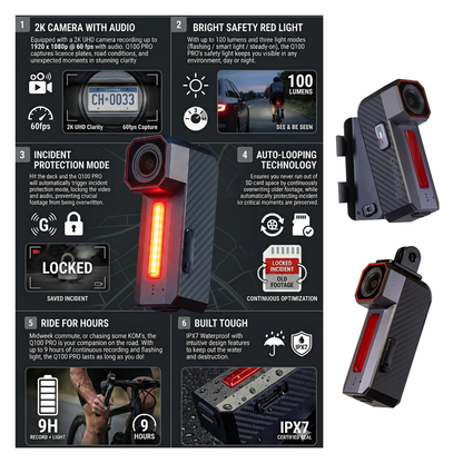 Ripoon Q100 PRO Rear Bike Camera Dashcam & Light | 1080p 60fps, 9H Battery | 100LM