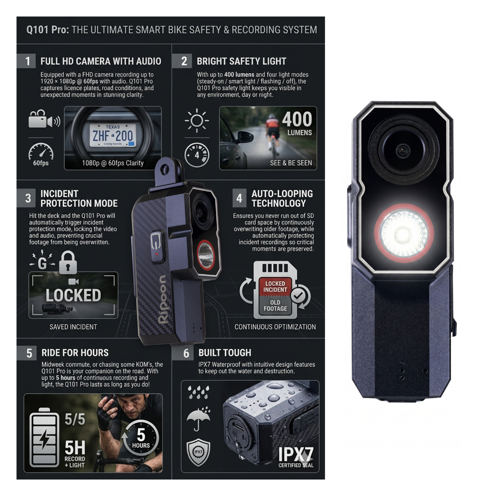 Ripoon Q101 PRO Front Bike Camera Dashcam & Light | 1080p 60fps, 5H Battery | 400LM