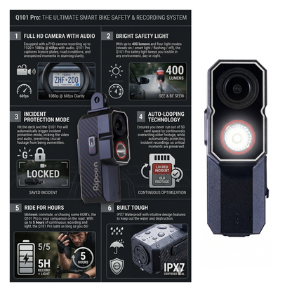 Ripoon Q101 PRO Front Bike Camera Dashcam & Light | 1080p 60fps, 5H Battery | 400LM
