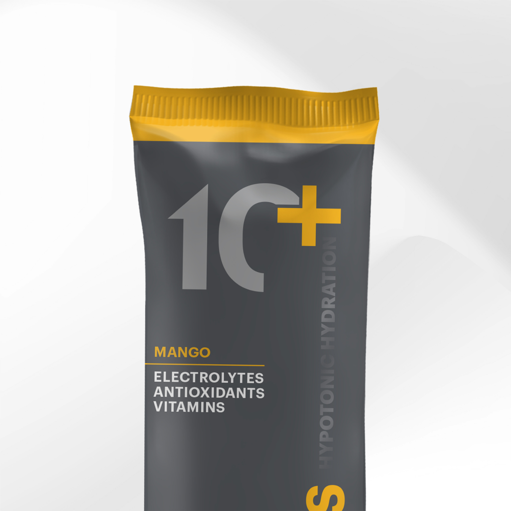 Tenplus Mango hypotonic drink mix sachet, electrolyte hydration for endurance cycling, runners and sports.