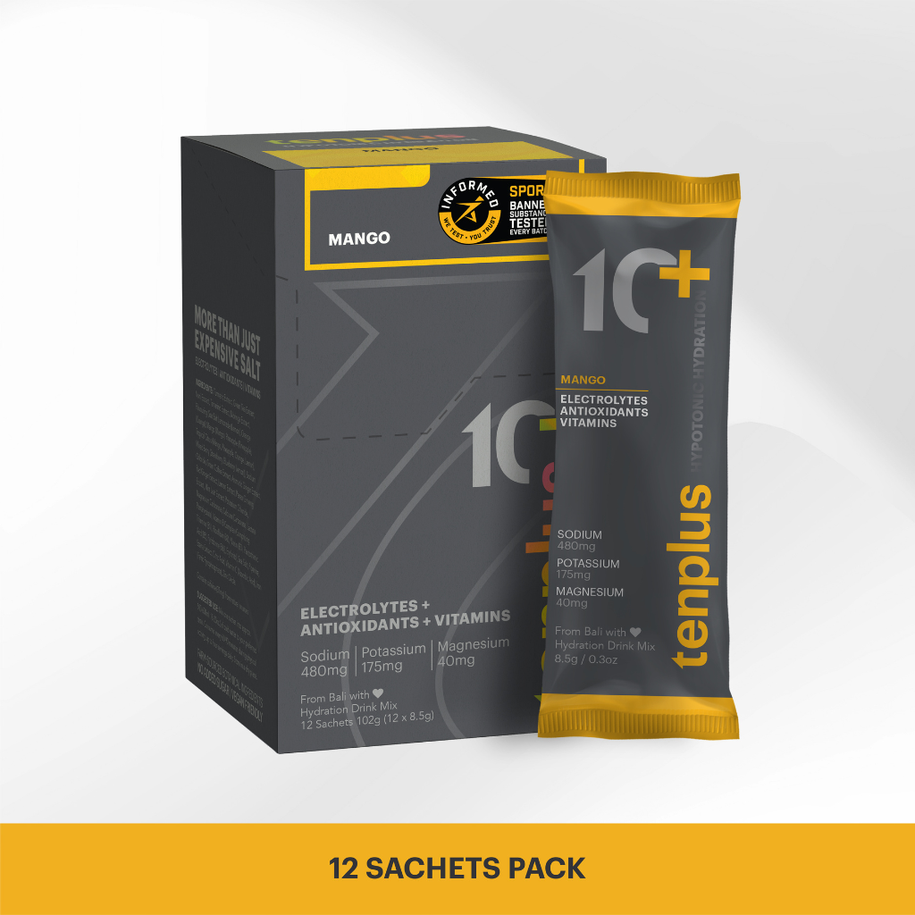 Tenplus Mango hydration drink lifestyle. Electrolyte sachet for hot weather cycling and endurance training.