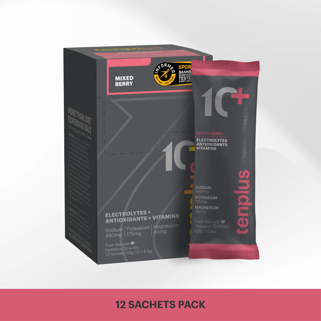 Tenplus Mixed Berry electrolyte drink lifestyle, sports hydration sachet, Southeast Asia. High sodium drink mix for salt-loss runners