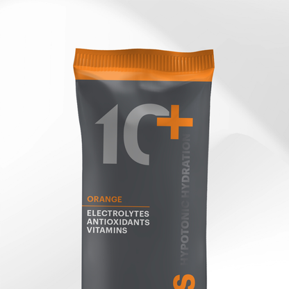 Tenplus Orange electrolyte hydration sachet, sports drink mix for outdoor workers in tropical heat. 