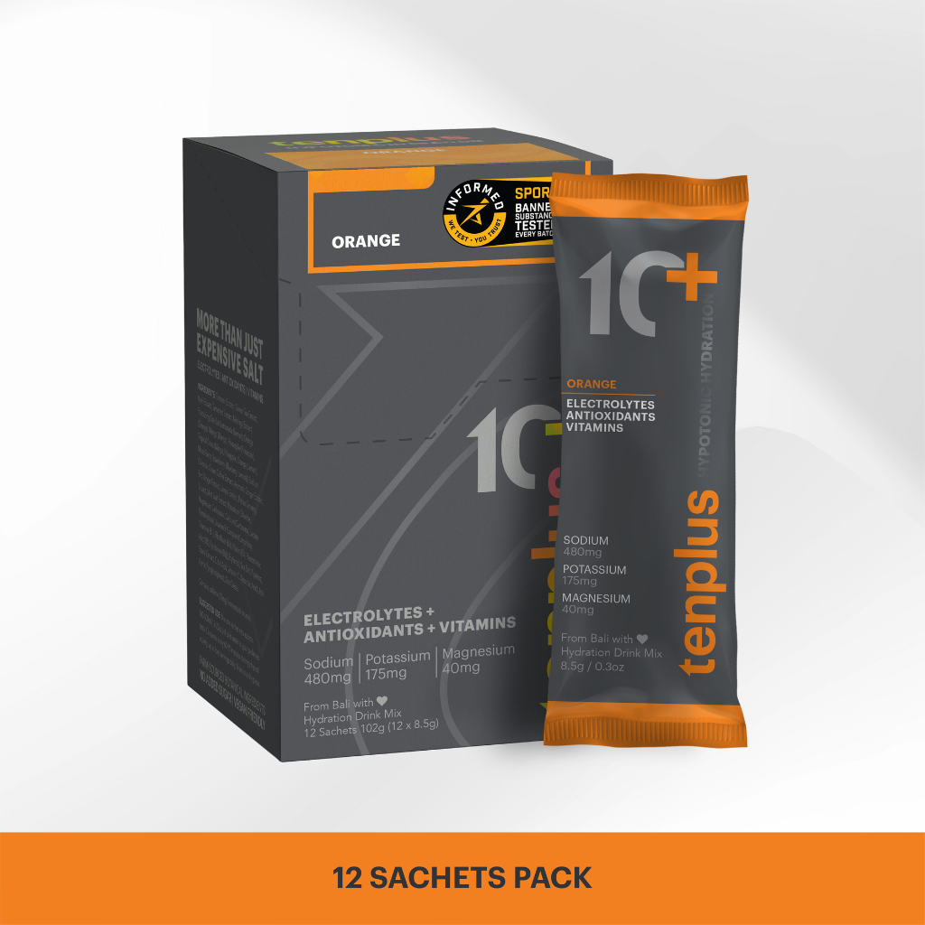 Tenplus Orange electrolyte drink lifestyle hypotonic hydration for cyclists in Singapore and Southeast Asia. Sweat-replenishing minerals for extreme heat.