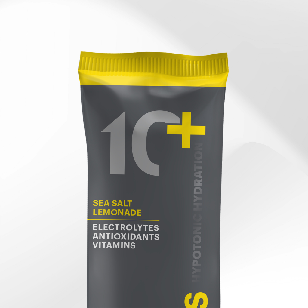 Tenplus Sea Salt Lemonade electrolyte drink sachet for rapid replenishment of sodium, potassium, and magnesium lost through fluid loss.