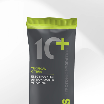 Tenplus Tropical Citrus electrolyte drink sachet, hypotonic hydration for sports and heavy sweaters.
