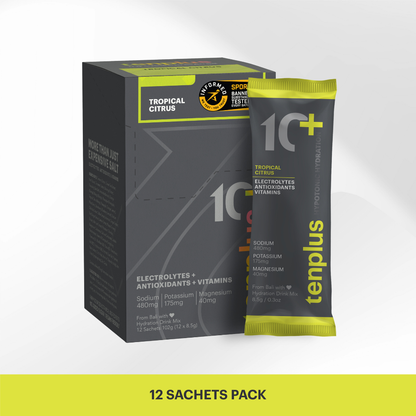 Tenplus Tropical Citrus hydration drink lifestyle, hypotonic sachet for endurance athletes. Sweat-replenishing minerals for extreme heat