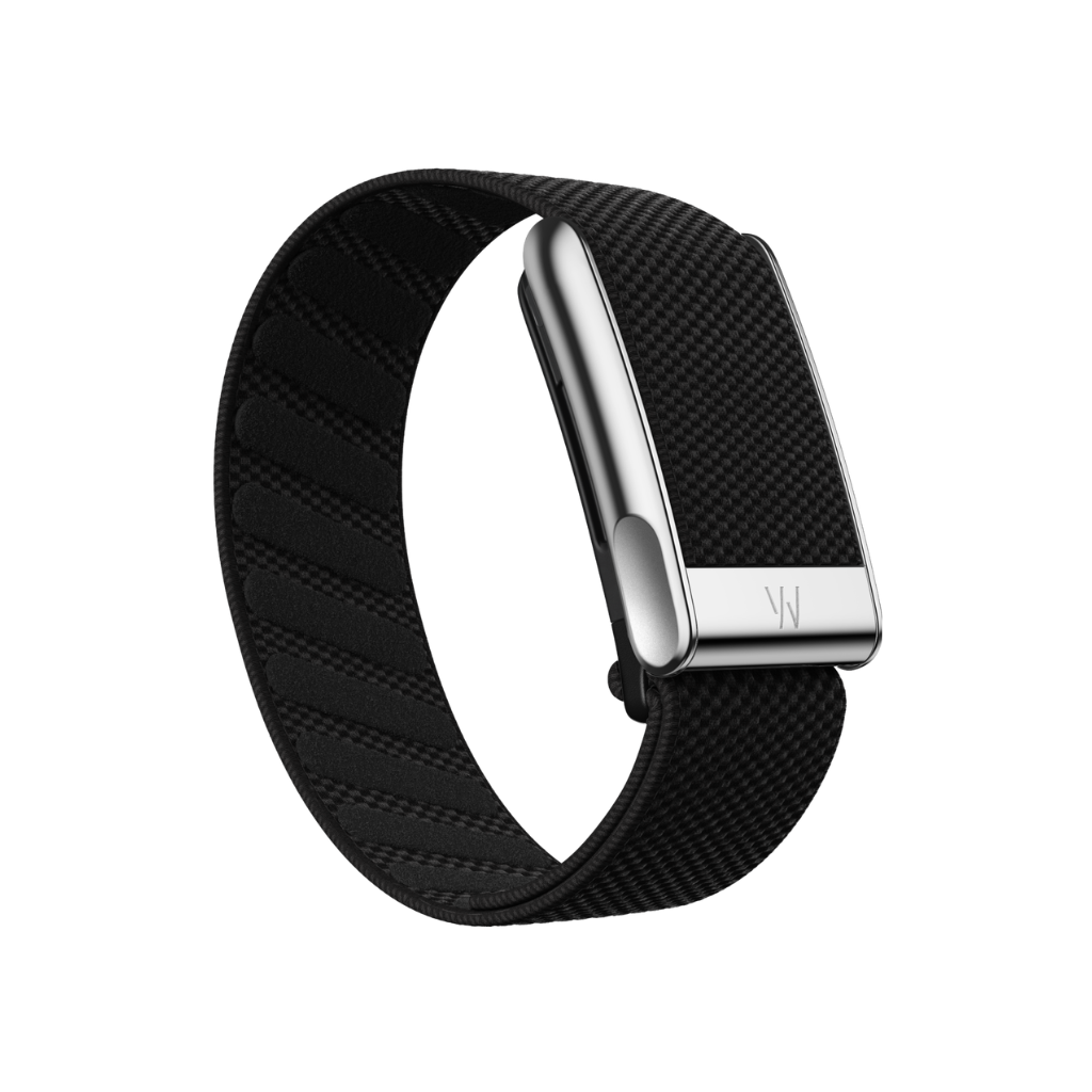 Black woven WHOOP MG wtih SuperKnit band with silver clasp on a white background - Bikers.SG