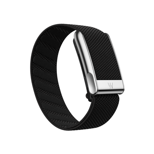 Black woven WHOOP MG wtih SuperKnit band with silver clasp on a white background - Bikers.SG
