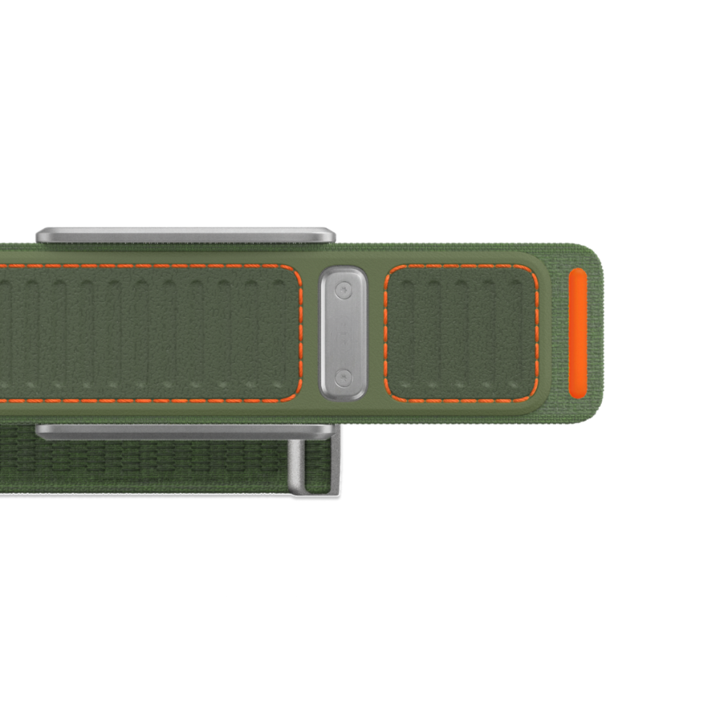Close-up of an olive green Navigator Whoop OEM Replacement band silver metal buckle and bright orange contrast stitching - Bikers.SG