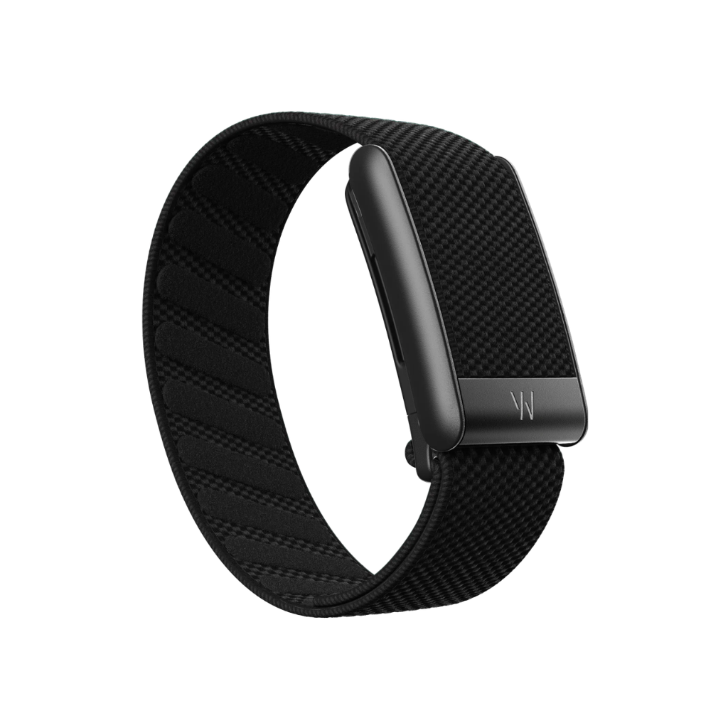 A black WHOOP Peak 5.0 band with a textured carbon-fiber pattern Superknit and a matte black clasp featuring a stylized 'W' logo, shown on a solid white background - Bikers.SG