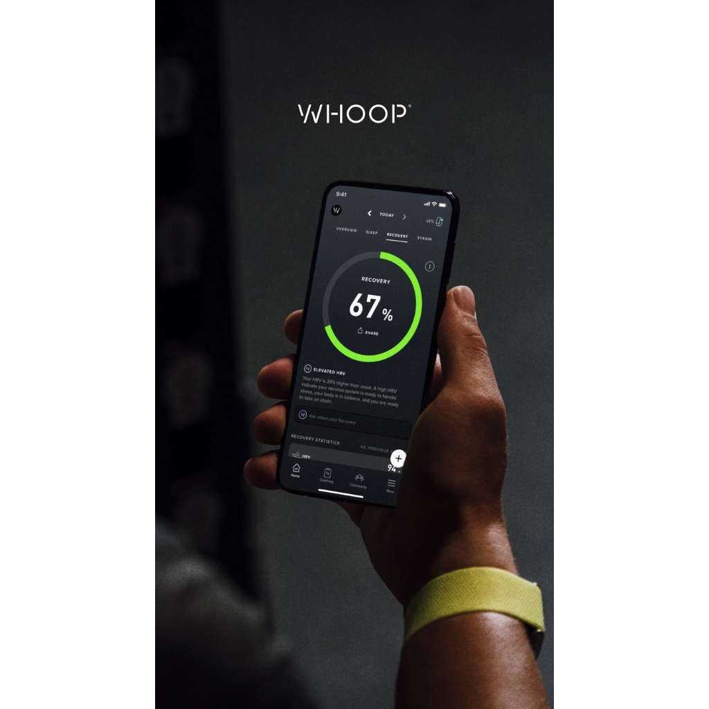 A hand holding a smartphone displaying the WHOOP fitness app with a green progress circle at 67%, set against a dark background with the WHOOP logo above - Bikers.SG