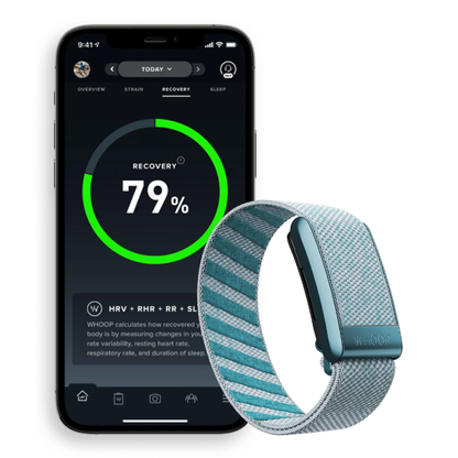 WHOOP Peak 5.0 shown in front of a smartphone displaying WHOOP App recovery screen, with a light blue and white striped Superknit band attached to the WHOOP 5.0. The band has a woven pattern and a silver-toned buckle with a small visible WOOP brand mark - Bikers.SG