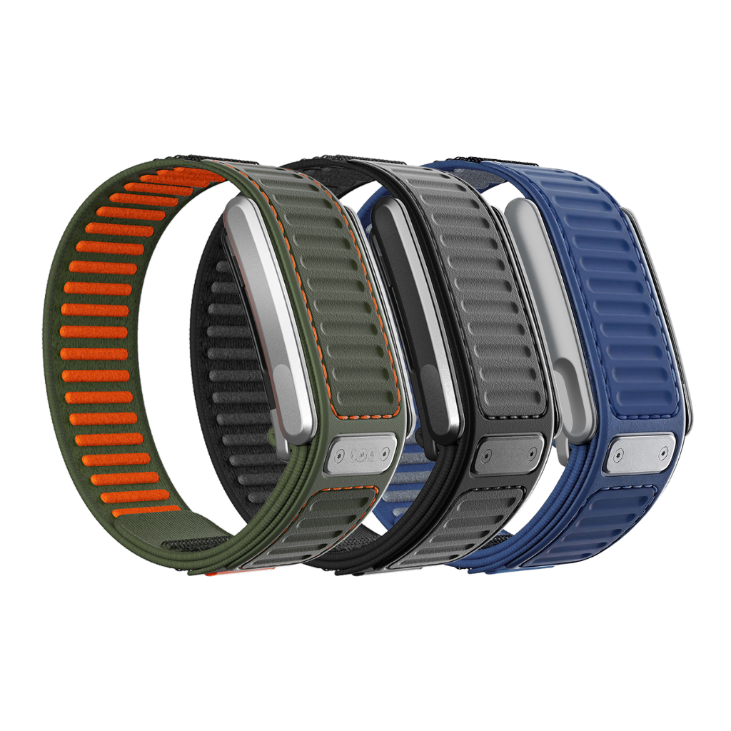 Three rugged WHOOP Navigator OEM replacement bands shown on a white background, one in olive green with orange stitching and one in dark gray with black stitching and one in blue - Bikers.SG