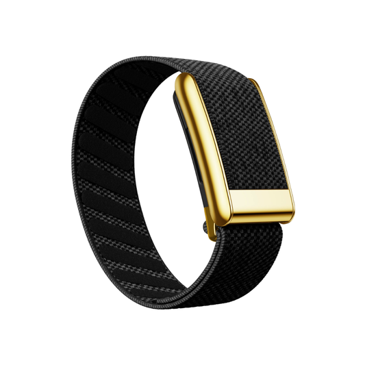 WHOOP 5.0 and MG OEM SuperKnit Luxe replacement band in Grey Gold – glossy stainless-steel ECG frame – Bikers.SG Singapore