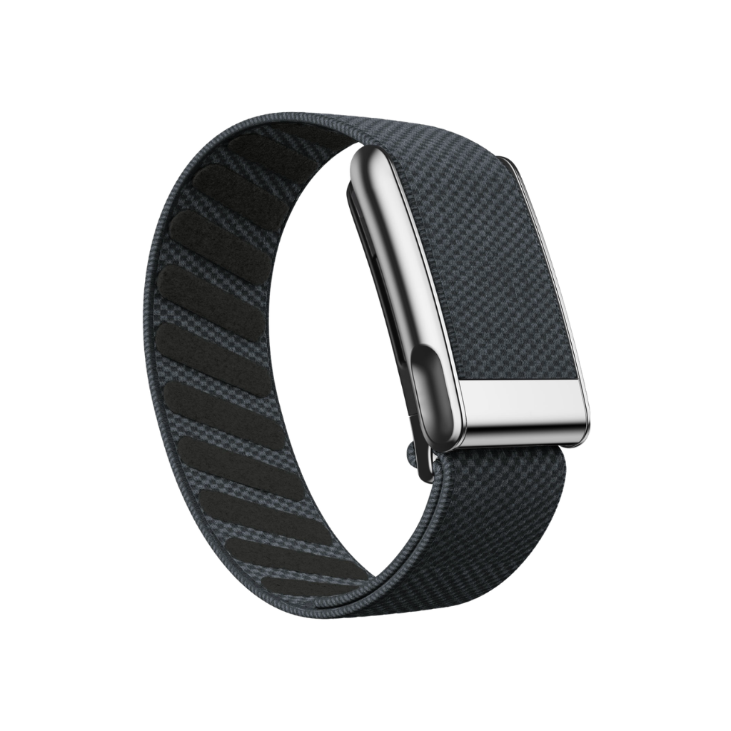 WHOOP 5.0 and MG OEM SuperKnit Luxe replacement band in Dark Grey – glossy stainless-steel ECG frame – Bikers.SG Singapore