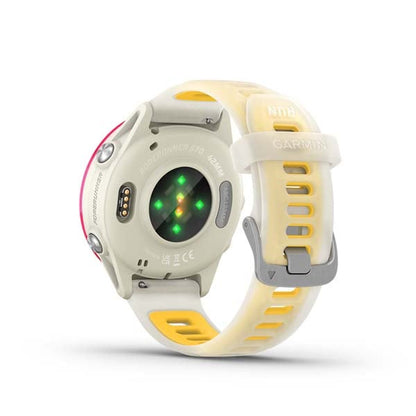 Garmin Forerunner 570 42 mm, Raspberry with Bone and Mango band, rear view showing sensor and charging contacts