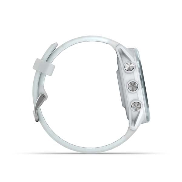 Garmin Forerunner 570 42 mm, Whitestone with Cloud Blue band, side profile