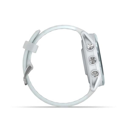 Garmin Forerunner 570 42 mm, Whitestone with Cloud Blue band, side profile