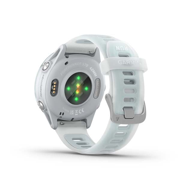 Garmin Forerunner 570 42 mm, Whitestone with Cloud Blue band, rear view showing sensor and charging contacts