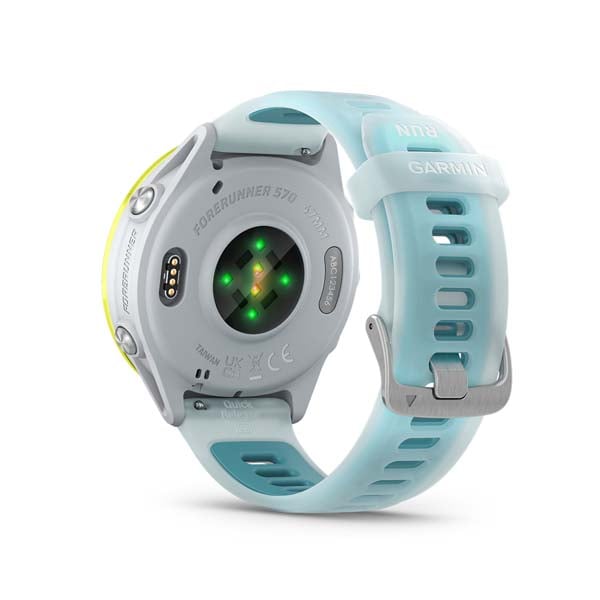 Garmin Forerunner 570 47 mm, Amp Yellow with Translucent Whitestone and Turquoise band, rear view showing sensor and charging contacts