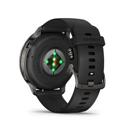 Garmin Venu 4 45 mm, Slate with Black silicone band, rear view showing sensor and charging contacts
