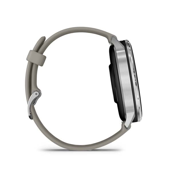 Garmin Venu 4 45 mm, Silver with Silver Gray silicone band, side profile