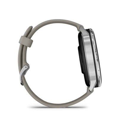 Garmin Venu 4 45 mm, Silver with Silver Gray silicone band, side profile