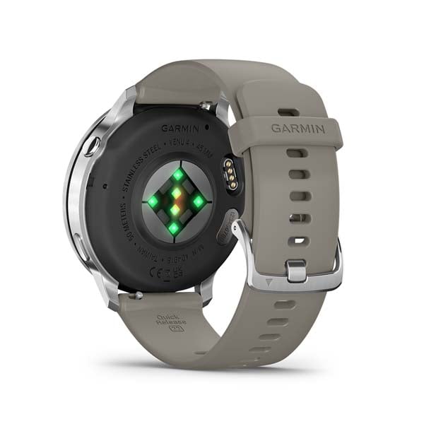 Garmin Venu 4 45 mm, Silver with Silver Gray silicone band, rear view showing sensor and charging contacts
