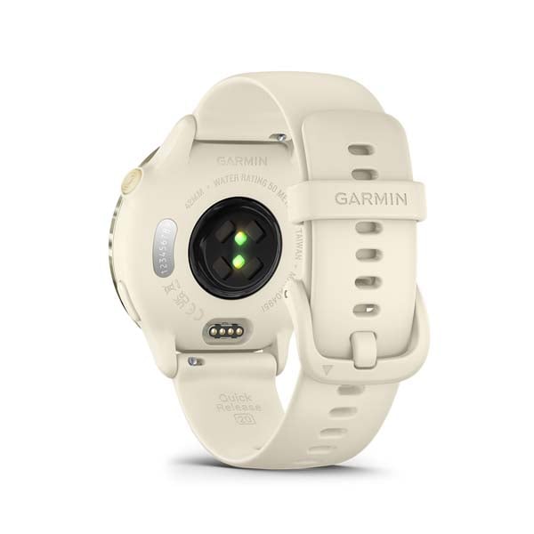 Garmin vívoactive 6, Lunar Gold with Bone band, rear view showing sensor and charging contacts