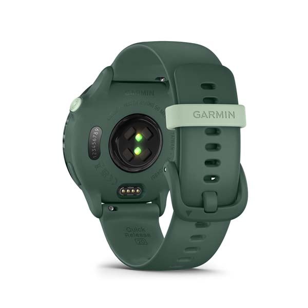 Garmin vívoactive 6, Metallic Jasper Green with Jasper Green band, rear view showing sensor and charging contacts