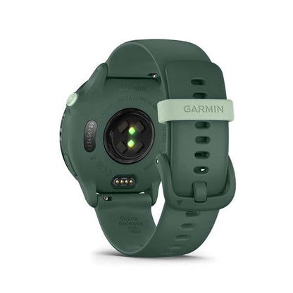 Garmin vívoactive 6, Metallic Jasper Green with Jasper Green band, rear view showing sensor and charging contacts