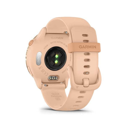 Garmin vívoactive 6, Metallic Pink Dawn with Pink Dawn band, rear view showing sensor and charging contacts